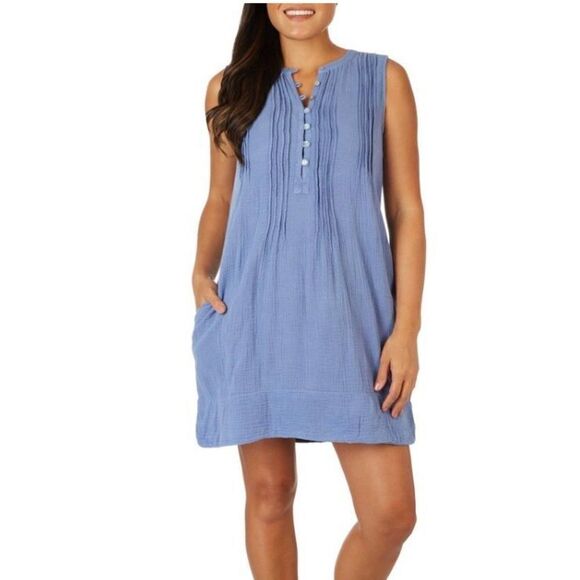 LOLA RIVER Womens LARGE Solid Pleated Button Front Swing Dress - BLUE - Picture 2 of 9